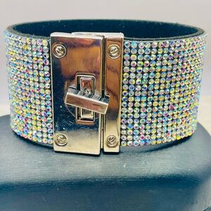 Sparkling Wide Rhinestone Bracelet with Silver Turn Lock Clasp. 7 1/2 inches